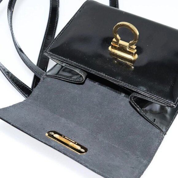 Salvatore Ferragamo Gancini Shoulder Bag Enamel Black Gold Auth - Picture 11 of 16